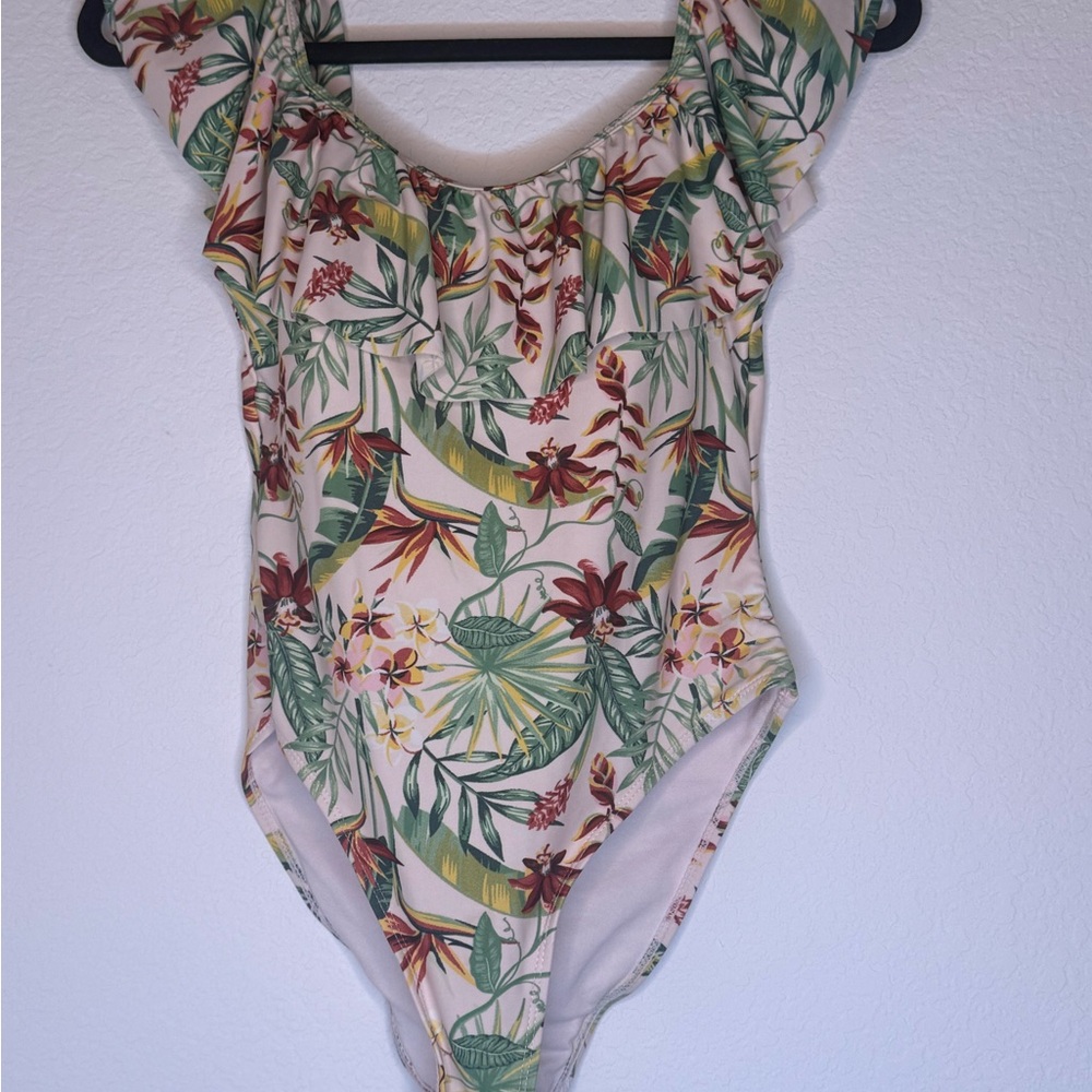 Tropical Floral Off-Shoulder One-Piece Swimsuit - Cream/Green